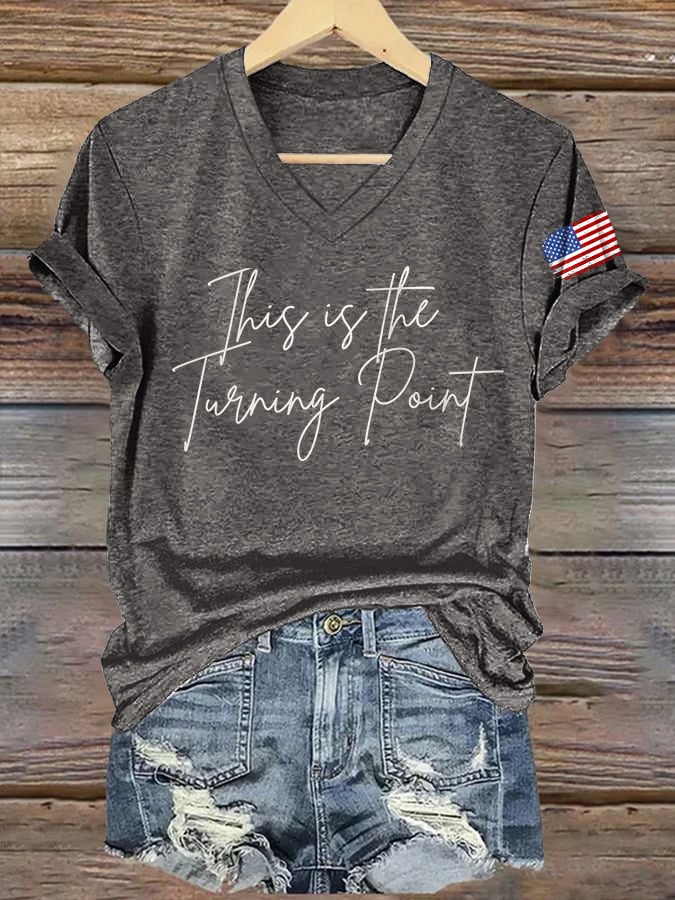 V-Neck Retro This Is The Turning Point Print T-Shirt