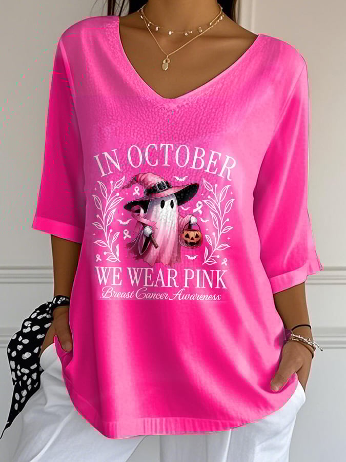 Women's In October We Wear Pink Breast Cancer Awareness Halloween Ghost Print Casual T-Shirt