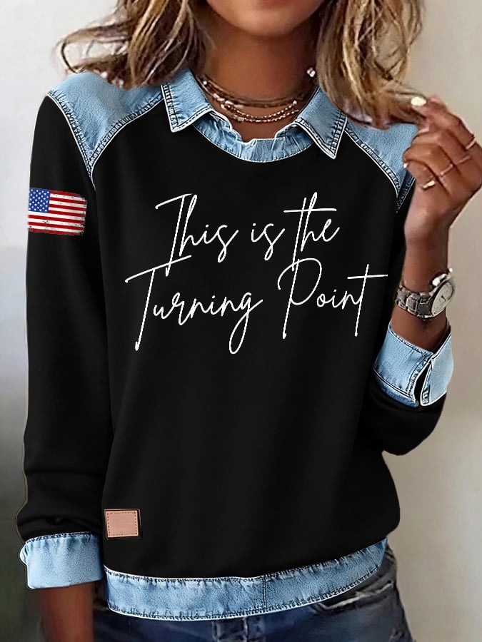 Retro This Is The Turning Point Printed Denim Patchwork Sweatshirt