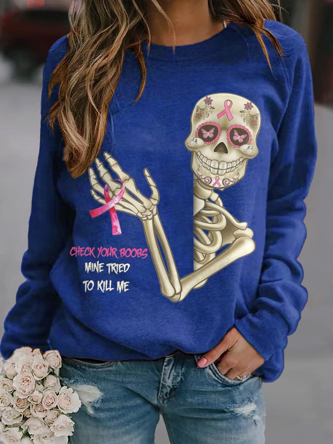 Skeleton Pink Ribbon Print Sweatshirt