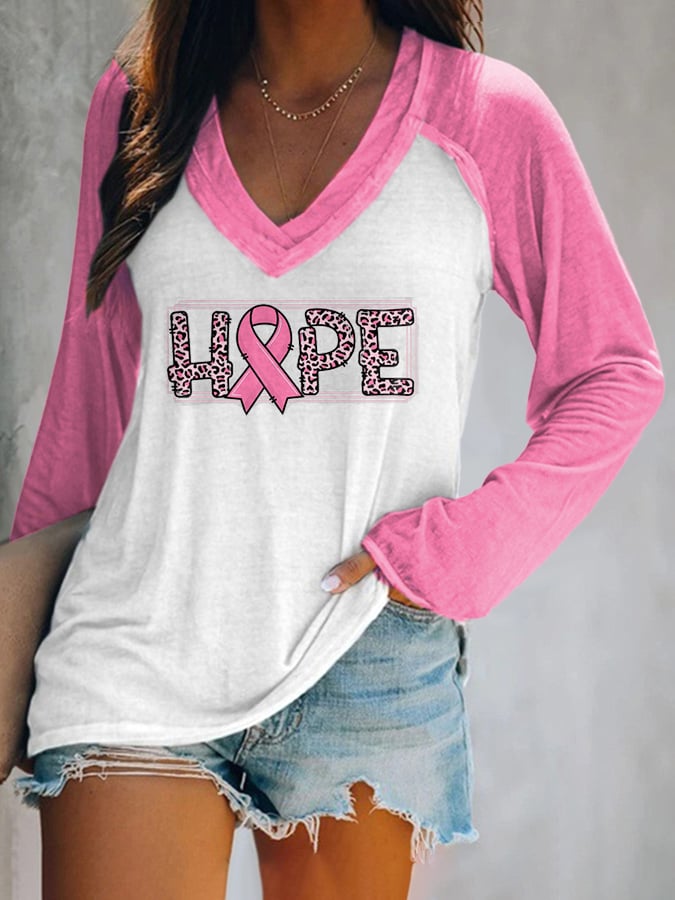 Women's Pink Breast Cancer Awareness Print Long Sleeve V-Neck T-Shirt