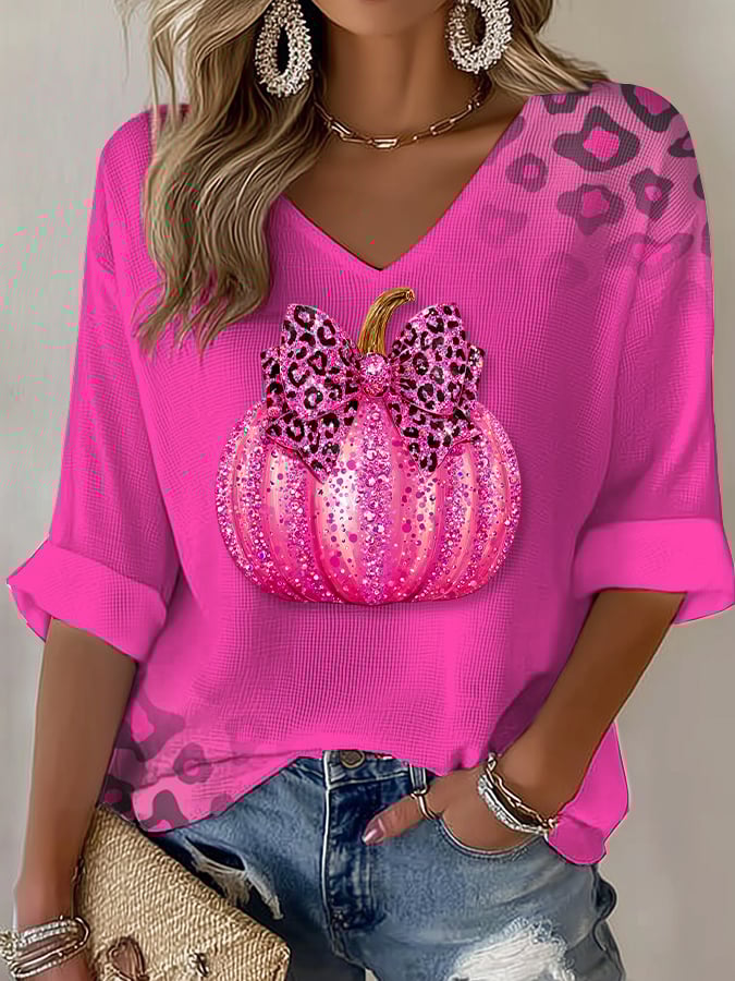 Women's In October We Wear Pink Print Waffle T-Shirt