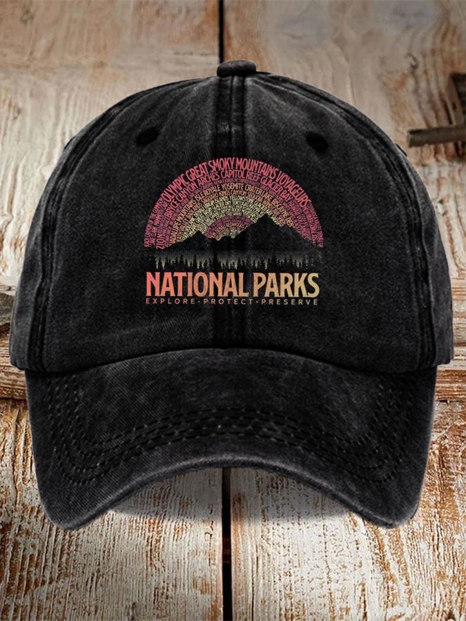 Unisex Distressed Washed Cotton Hot Spot 63 National Parks Explore, Protect, Preserve Printed Hat