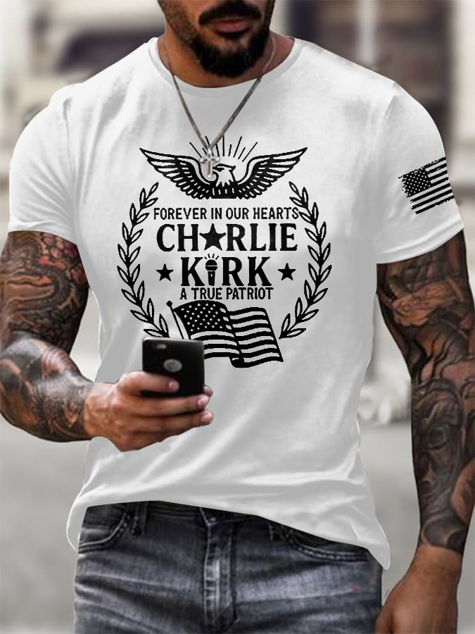 Men's Forever In Our Hearts A True Patriot Print Round Neck T-Shirt