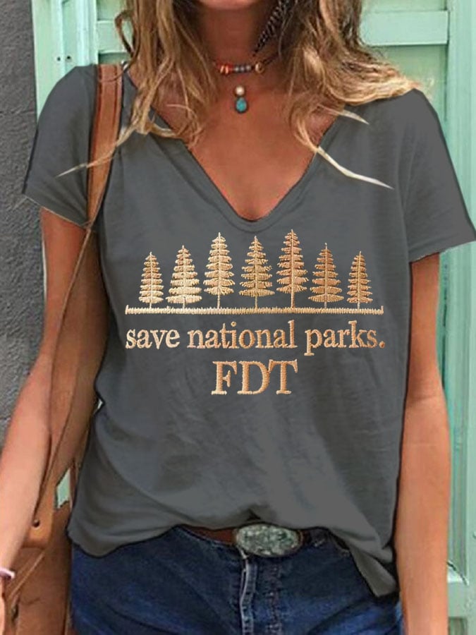 Women's Retro Save National Parks FDT Print V-Neck T-Shirt