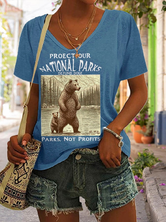 Women's Support National Parks Print V Neck Casual T-Shirt