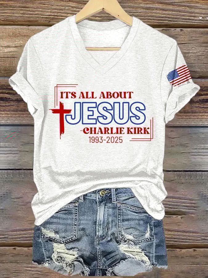 V-Neck Retro It's All About Jesus Print T-Shirt