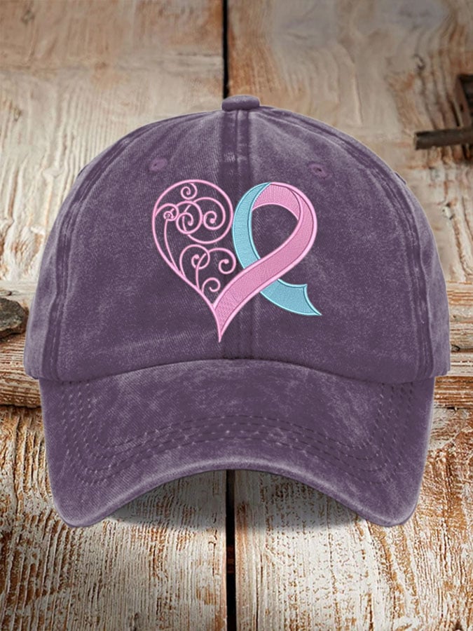 Unisex Distressed Washed Cotton Breast Cancer Ribbon Heart Printed Hat