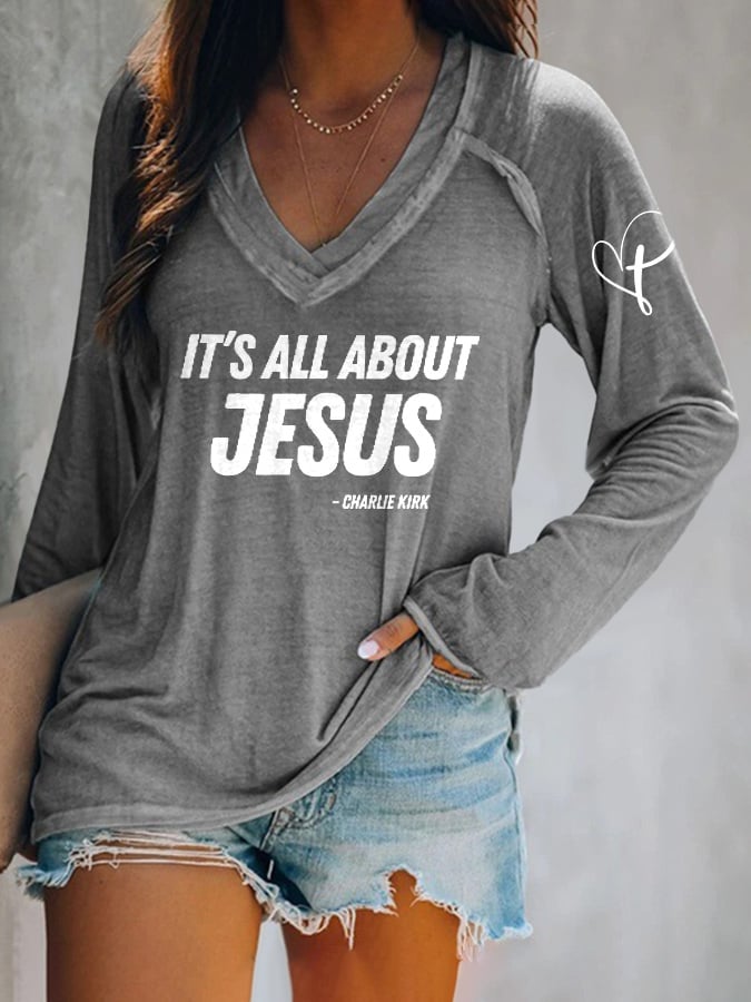 V-neck Retro It's All About Jesus Print T-Shirt
