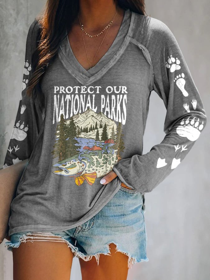 Women's Protect Our National Parks Print V Neck T-Shirt