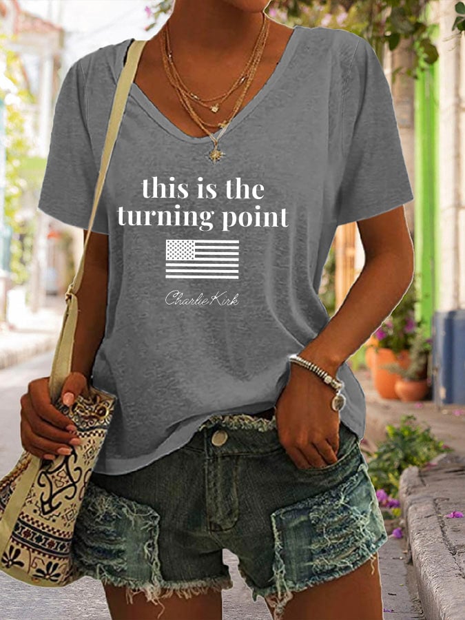 Women's V-Neck Retro This is the Turning Point Print T-Shirt