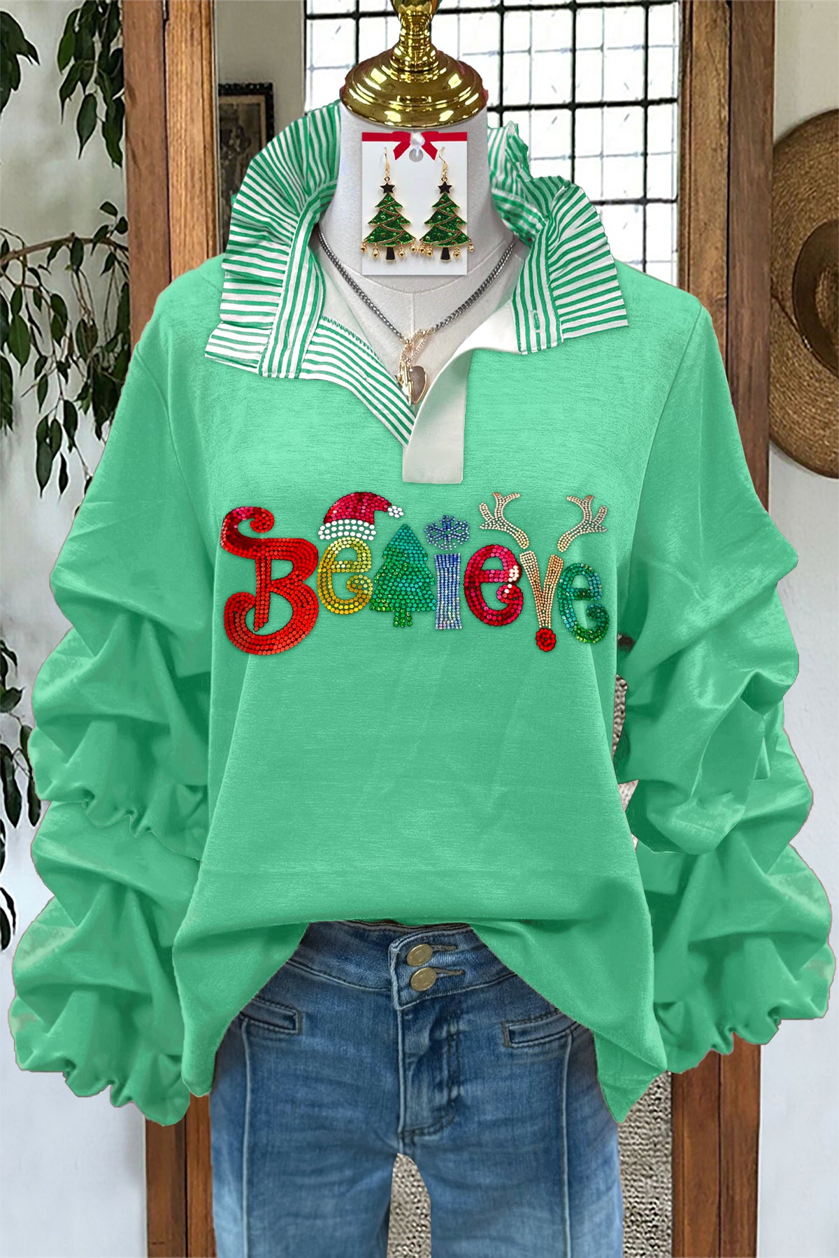 Sweet Christmas Believe Diamond Pleated Blouse