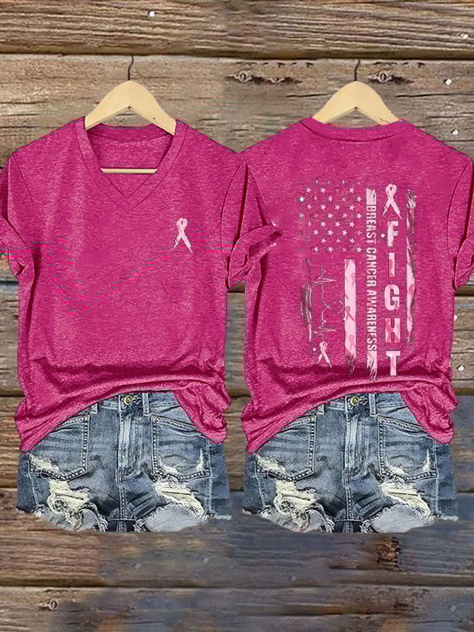 Women's Fight Breast Cancer Awareness Printed Casual V-Neck T-Shirt