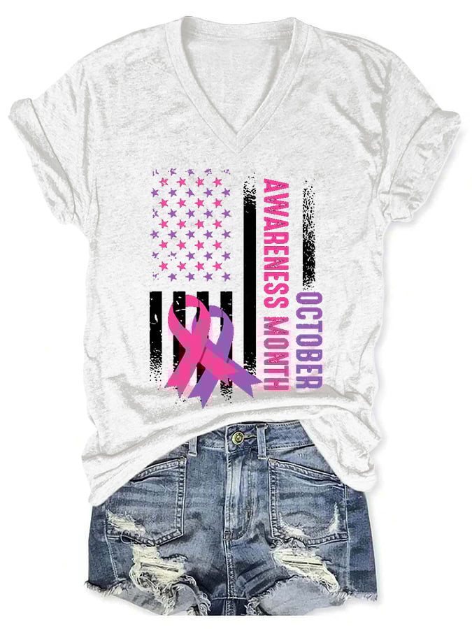 V-neck Women October Breast Cancer & Domestic Violence Awareness Month T-Shirt