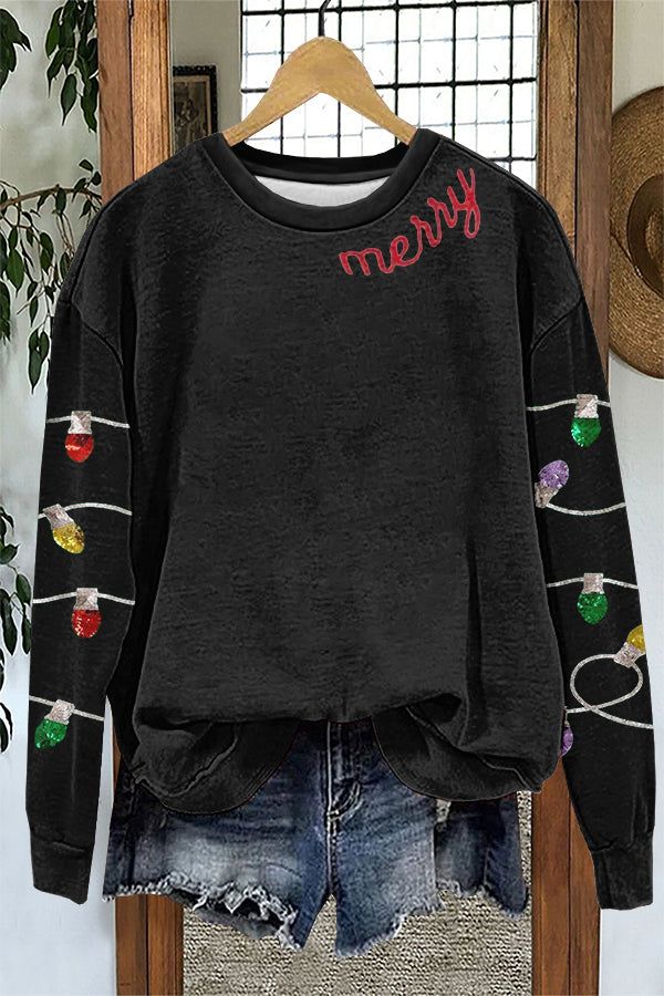 Cute Christmas Merry Lights Print Sweatshirt