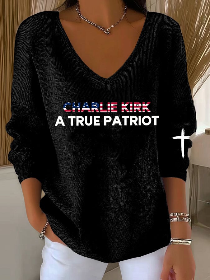 Women's American Patriot Print V Neck Sweater