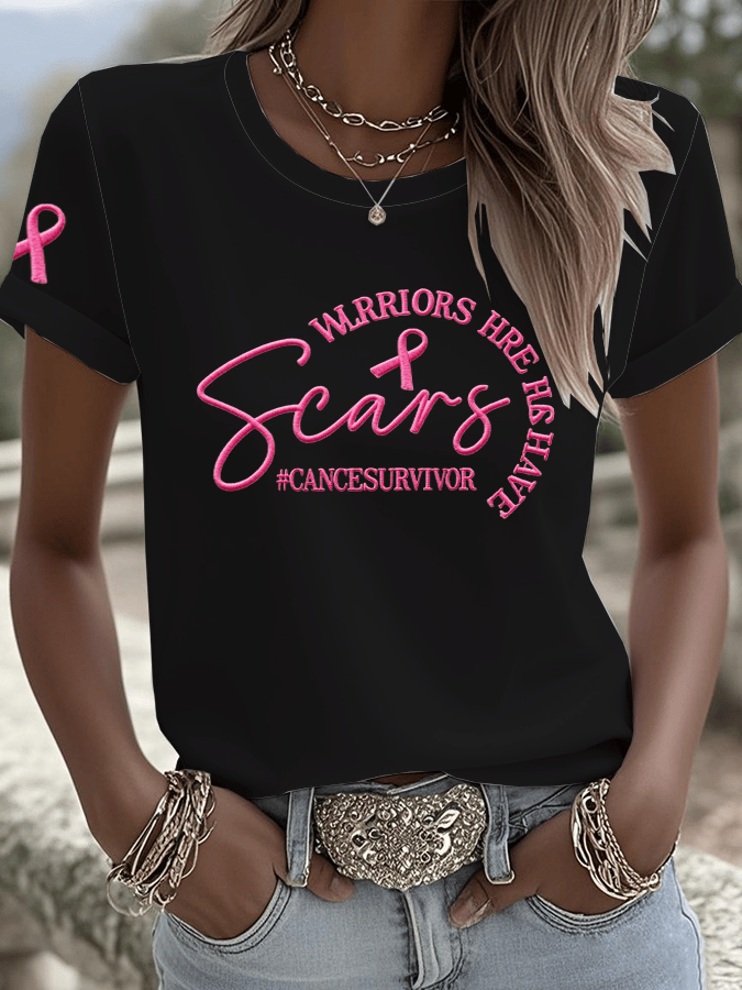 Women's Breast Cancer Awareness All Warriors Have Scars Printed Crew Neck T-Shirt