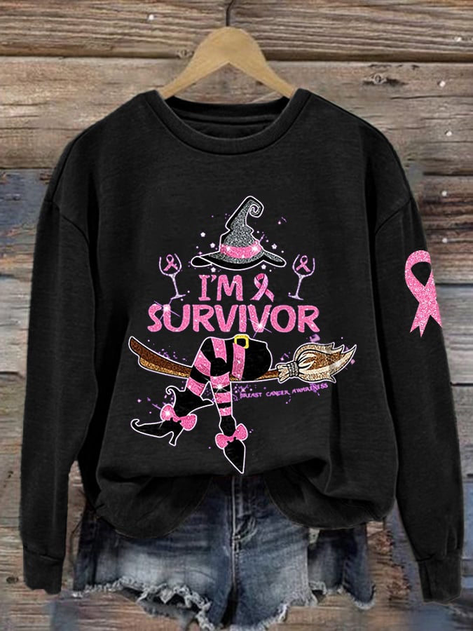 Women's Breast Cancer Awareness Witch Print Crew Neck Sweatshirt