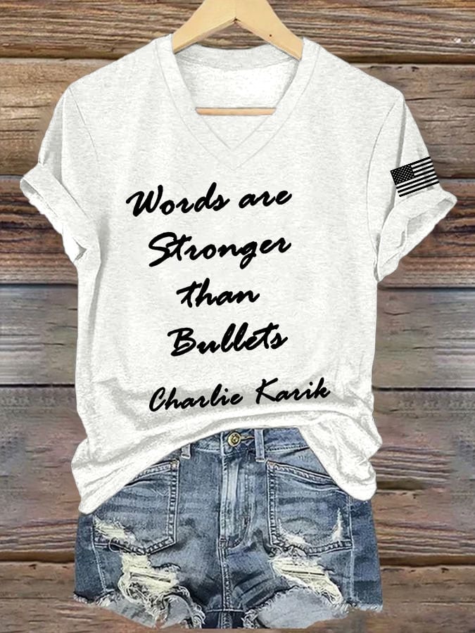 Women's Words Are Stronger Than Bullets Print V Neck T-shirt