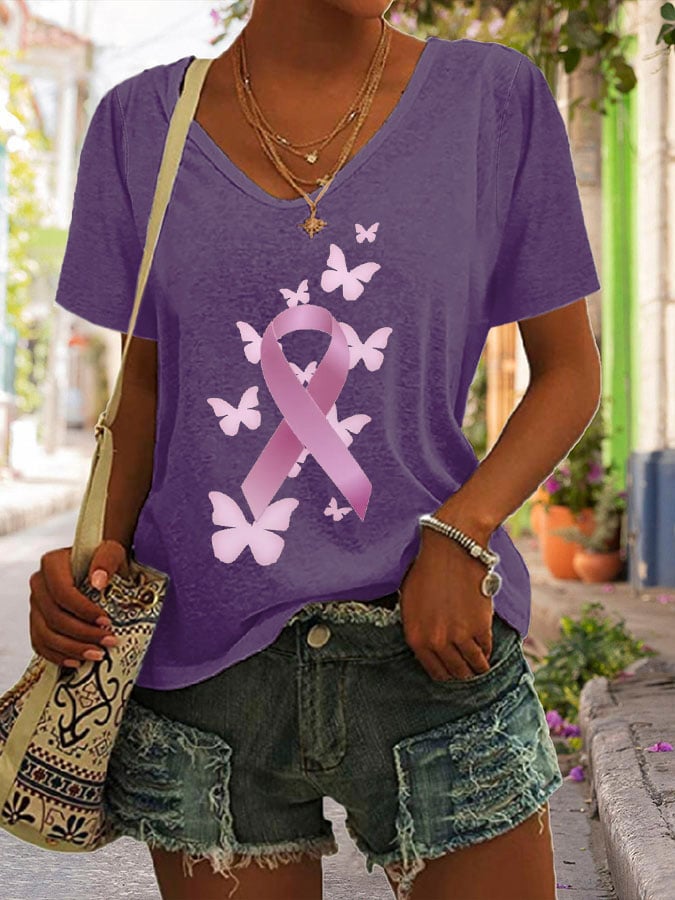 Women's Butterfly Breast Cancer Print Loose Short Sleeve T-Shirt