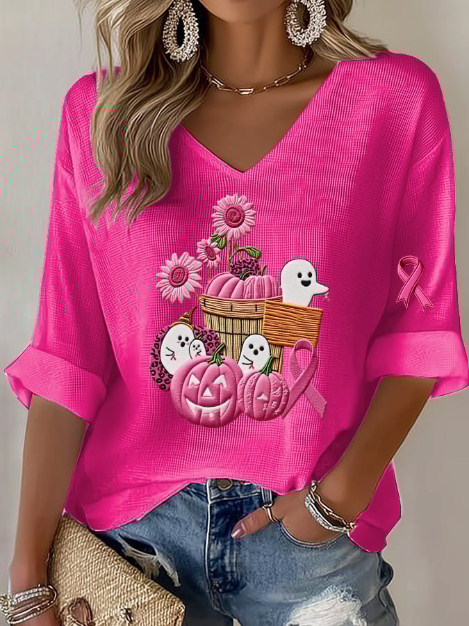 Women's casual pink ghost waffle long-sleeved T-shirt