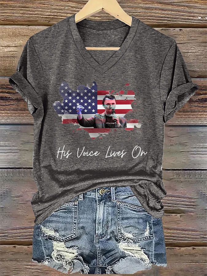 V-Neck Retro His Voice Lives On Print T-Shirt