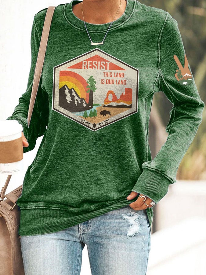 Women's Retro Resist This Land Is Our Land Printed Casual Sweatshirt