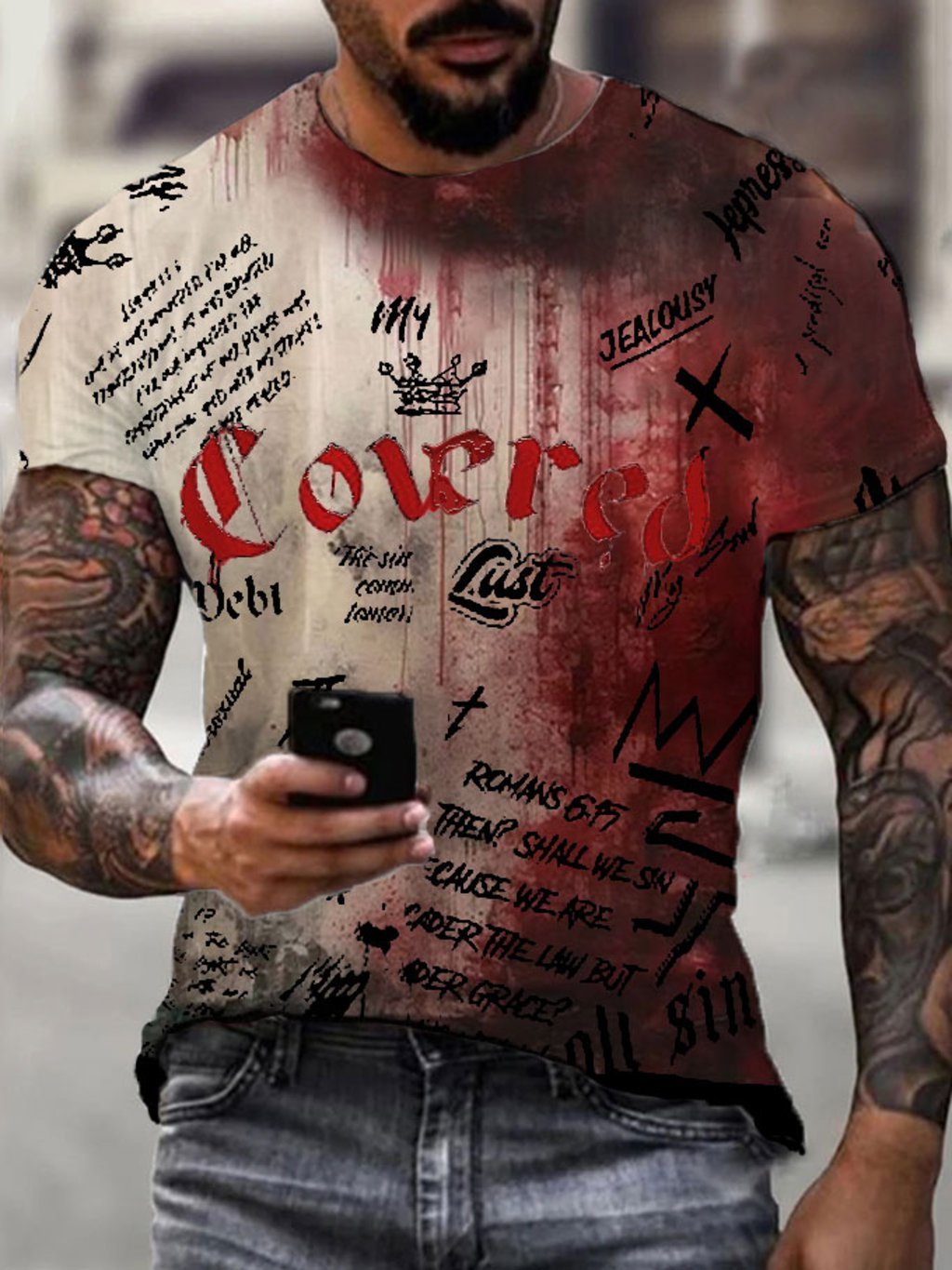 Men's Halloween Covered By The Blood of Jesus Bloody Print T-Shirt