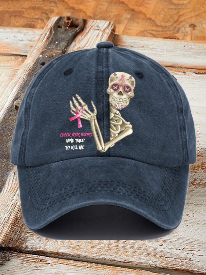 Retro Breast Cancer Awareness Skull Check Your Boobs Mine Tried To Kill Me Print Baseball Cap