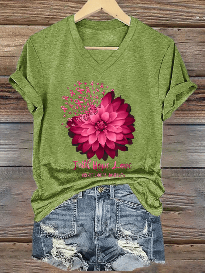 Women's Daisy Faith Pink Ribbon Breast Cancer Awareness Print V Neck Short Sleeve T-Shirt