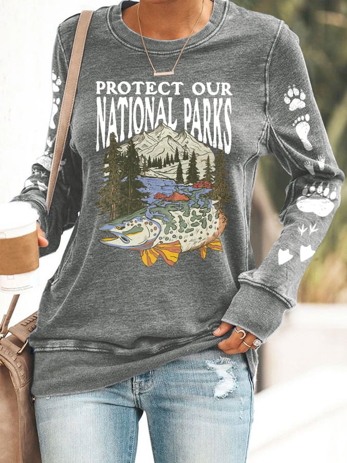 Women's Protect Our National Parks Print Round Neck Sweatshirt