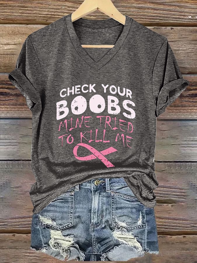 Women's Breast Cancer Awareness Printed Casual V-Neck T-Shirt