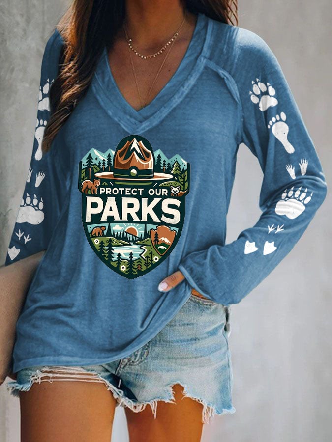 Women's Protect Our National Parks Print V Neck T-Shirt