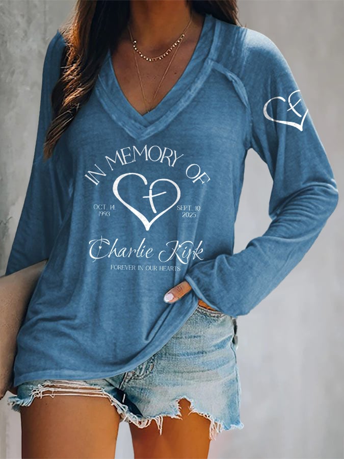 V-neck Retro Forever In Our Hearts Print T-Shirt