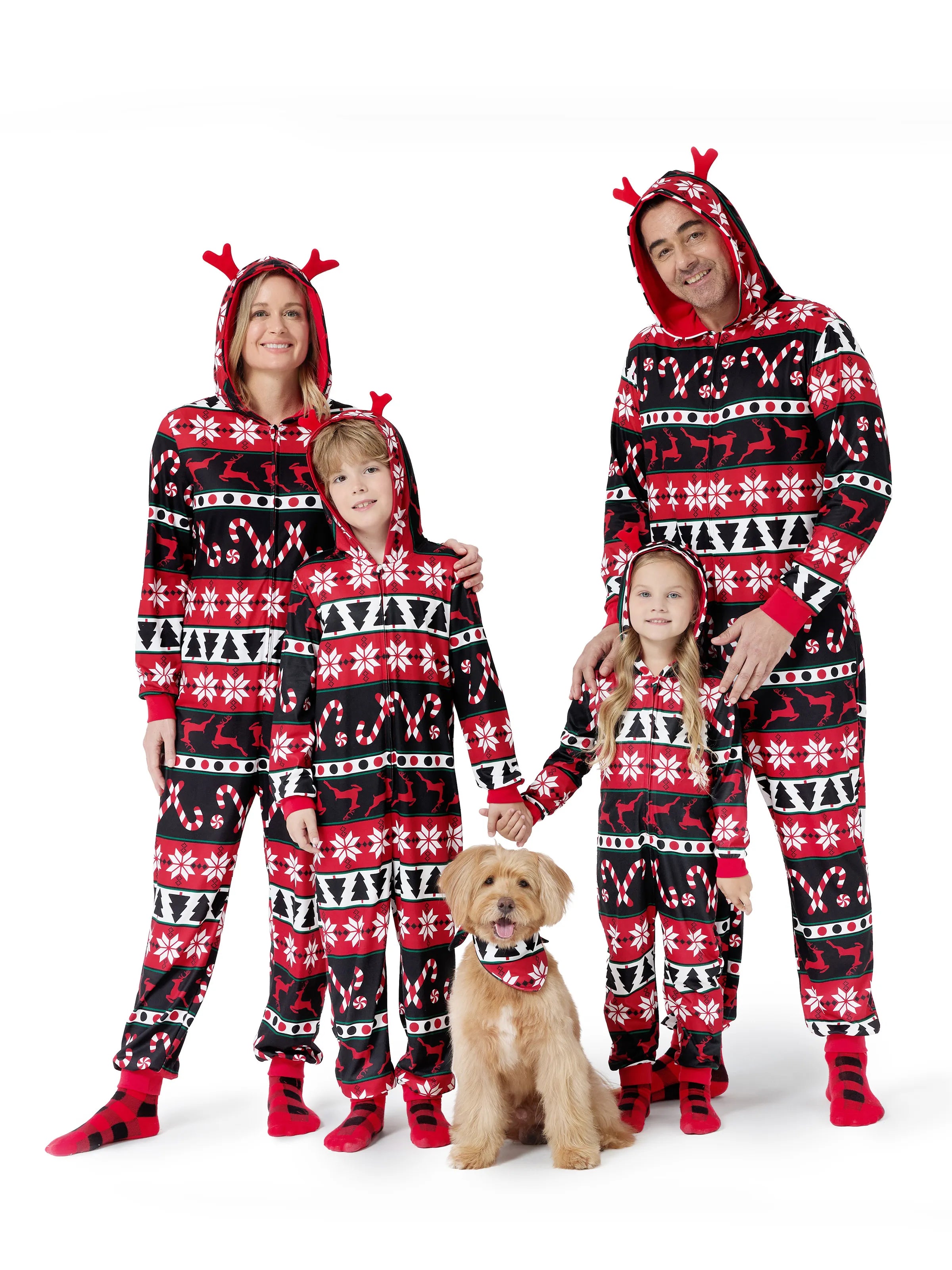 Christmas Pajamas 3D Reindeer Pattern Zipper Hooded Onesies Matching Family Outfits red/black