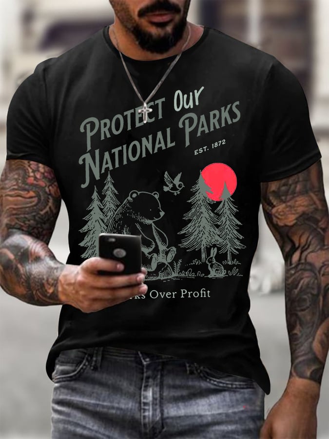 Men's Protect Our National Parks Printed Round Neck T-Shirt