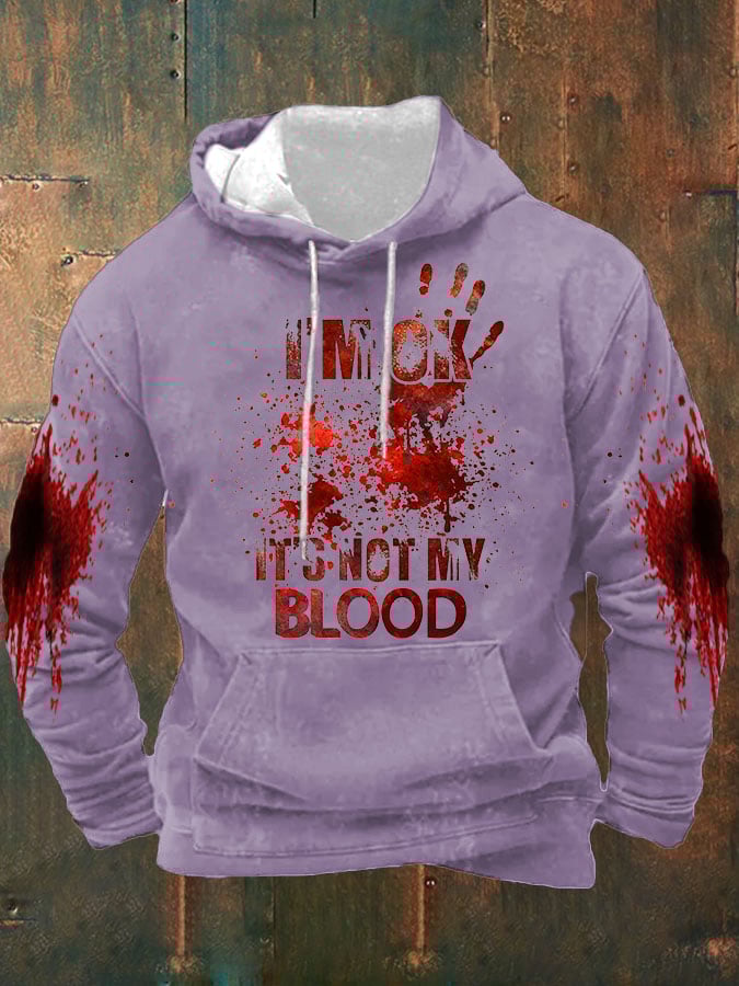 Men's I'M Ok It'S Not My Blood Halloween Printed Hooded Sweatshirt