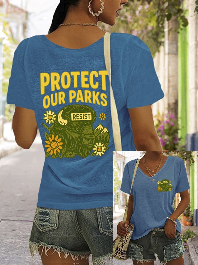 Women's Protect Our National Parks Print V Neck Casual T-Shirt