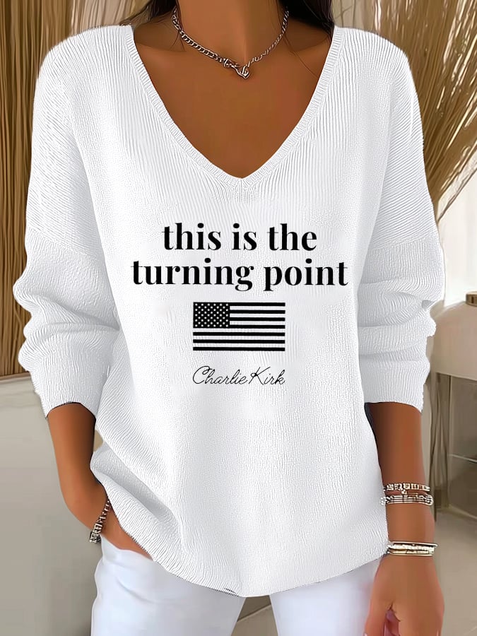 Women's Retro This is the Turning Point Print Drop Shoulder Sweater