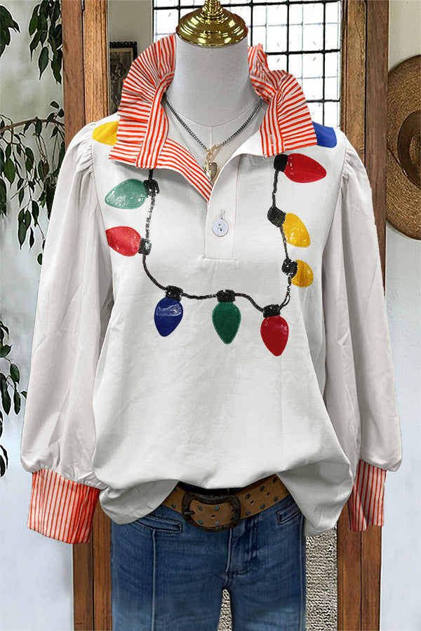 Christmas Lights Print Puff Sleeve Blouse