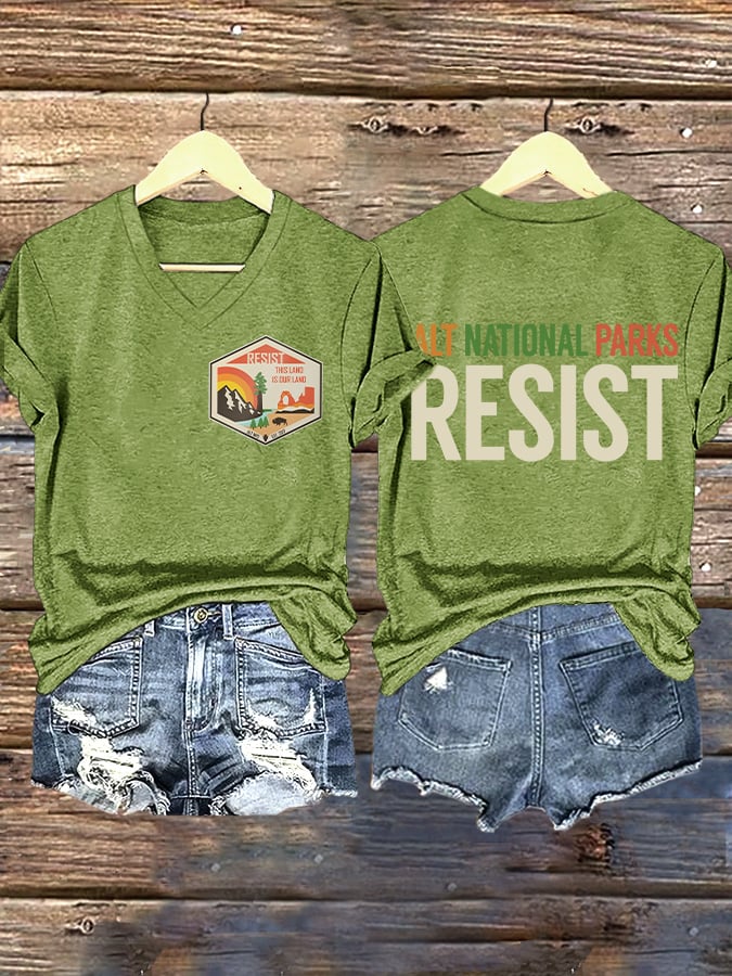 V-neck Retro ALT National Parks Resist This Land Is Our Land Print T-Shirt