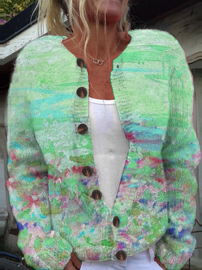 Women's Pink Art Oil Painting Breast Cancer Sweater Knit Cardigan