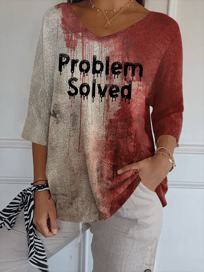 Women's Bloody Problem Solved Halloween Print Striped Fabric Casual V-Neck T-Shirt