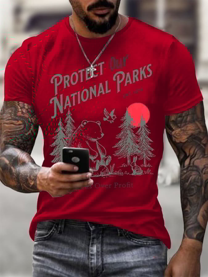Men's Protect Our National Parks Printed Round Neck T-Shirt
