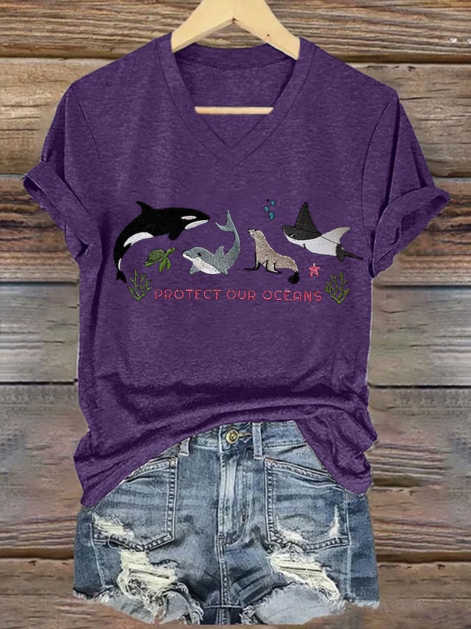Women's Retro Protect Our Oceans Print T-Shirt