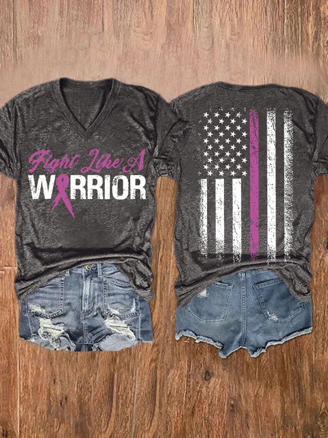 V-neck Breast Cancer Awareness Fight Like A Warrior Flag Double Sided T-Shirt