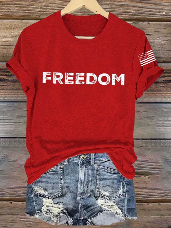 Women's Freedom American Flag Print Casual T-shirt