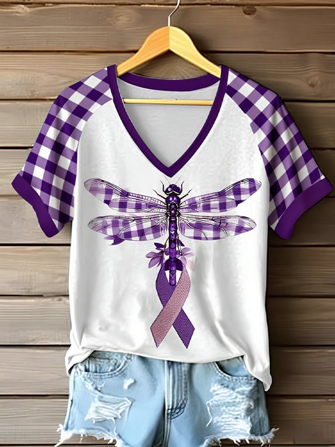 Women's Retro Cancer Awareness Printed Raglan V-Neck T-Shirt