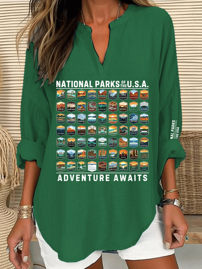 Women's National Parks Of The USA Print Casual Long Sleeve V-Neck Shirt
