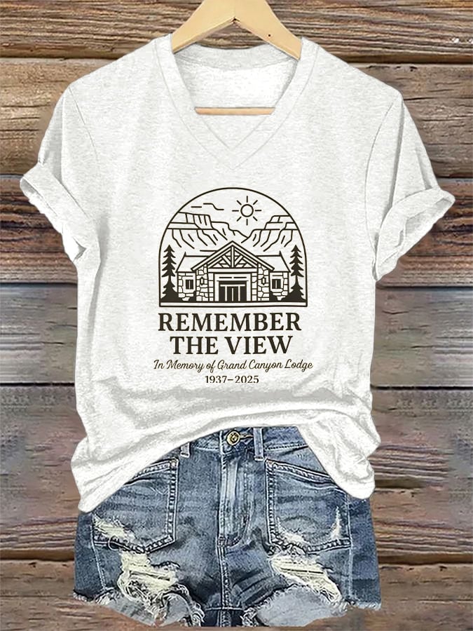 V-Neck Retro Remember The View In Memory Of Grand Canyon Lodge 1937-2025 Print T-Shirt